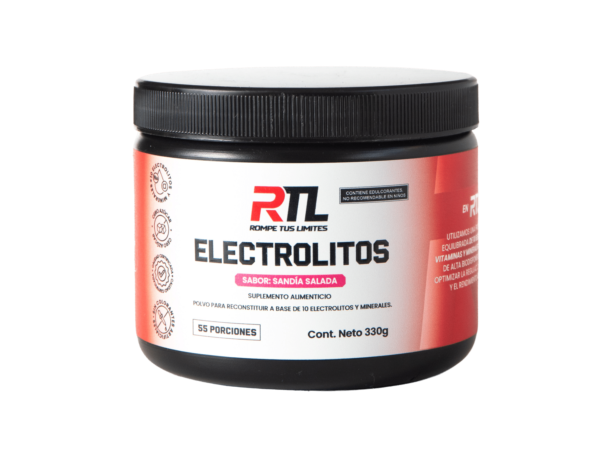Envase de Electrolitos RTL sabor Sandía Salada, 330 g, 55 porciones